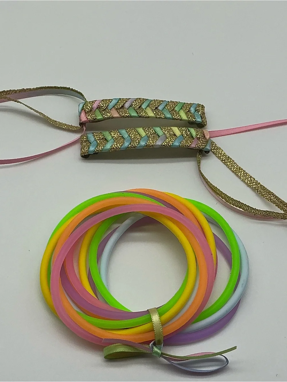 Metallic Gold and Pastel Rainbow 80s Barrettes & 12 Jelly Bracelets